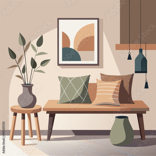 A wooden bench with rustic vases and pillows against the wall framed art prints