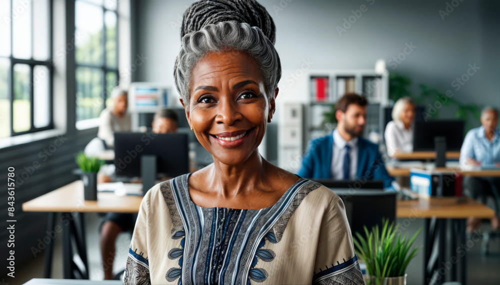 Smiling African American woman in traditional attire in a modern office setting, highlighting cultural diversity, professionalism, and retirement. Suitable for corporate, multicultural, and business