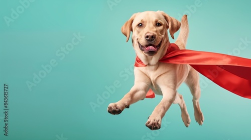 A cute Labrador Retriever superhero custom floating on a solid pastel background