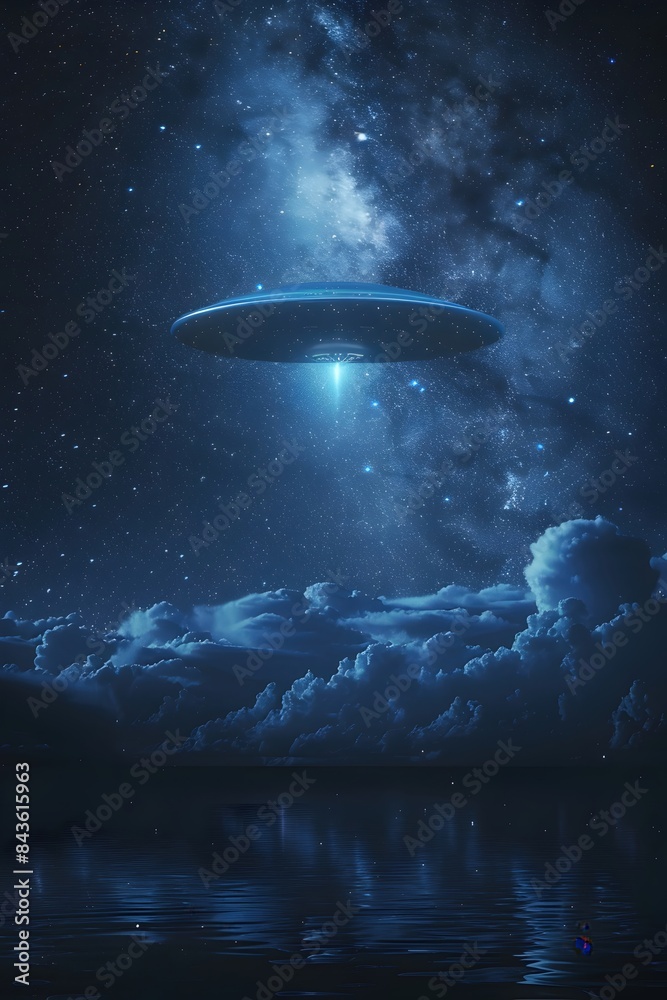 Mysterious UFO Hovers Above Starry Night Sky,Illuminating Clouds with Otherworldly Glow Mysterious UFO Hovers Above Starry Night Sky,Illuminating Clouds with Otherworldly Glow