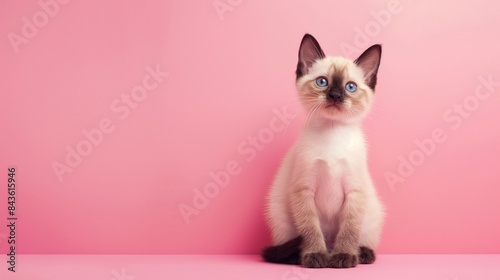 A cute Siamese kitten sitting on a solid pastel pink background with space above for text © CHOI POO