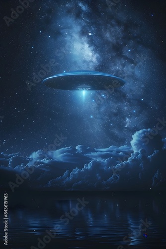 Mysterious UFO Hovers Above Starry Night Sky,Illuminating Clouds with Otherworldly Glow © lertsakwiman