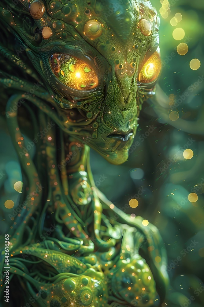 Otherworldly Green Alien Creature with Tentacle Arms in Surreal Cosmic Landscape Otherworldly Green Alien Creature with Tentacle Arms in Surreal Cosmic Landscape