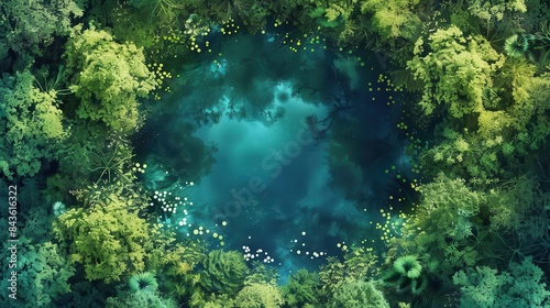 aerial view of enchanted pond in fairy tale forest magical nature landscape illustration