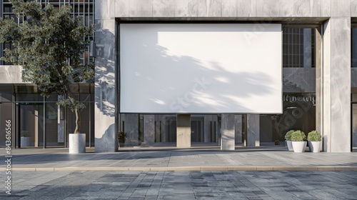 Commercial plaza or retail hub featuring a large, high-visibility advertisement board. This blank white mockup signboard offers copy space for showcasing sales and promotional advertisements