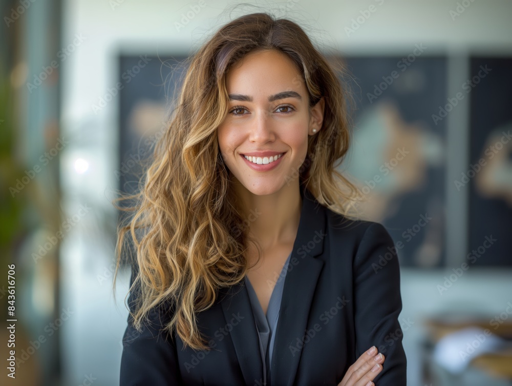 Fototapeta premium An Advertising Executive female wearing professional attire, standing in front of an advertising agency backdrop, smiling and looking into the camera