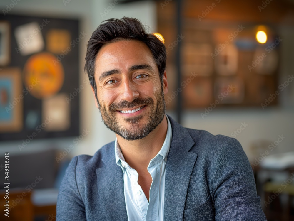An Advertising Executive male wearing professional attire, standing in front of an advertising agency backdrop, smiling and looking into the camera An Advertising Executive male wearing professional attire, standing in front of an advertising agency backdrop, smiling and looking into the camera