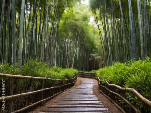 Bamboo forest in the morning. A wooden path through a bamboo forest. AI generated