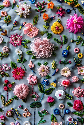 Embroidered flowers, lots of small flowers and leaves made entirely of thread, illustration made with Generative Ai