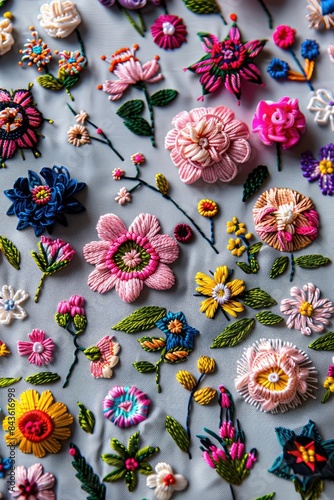 Embroidered flowers, lots of small flowers and leaves made entirely of thread, illustration made with Generative Ai
