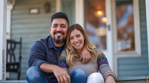 A diverse couple, one Latino and one Caucasian, sitting on the porch of their new house, looking happy