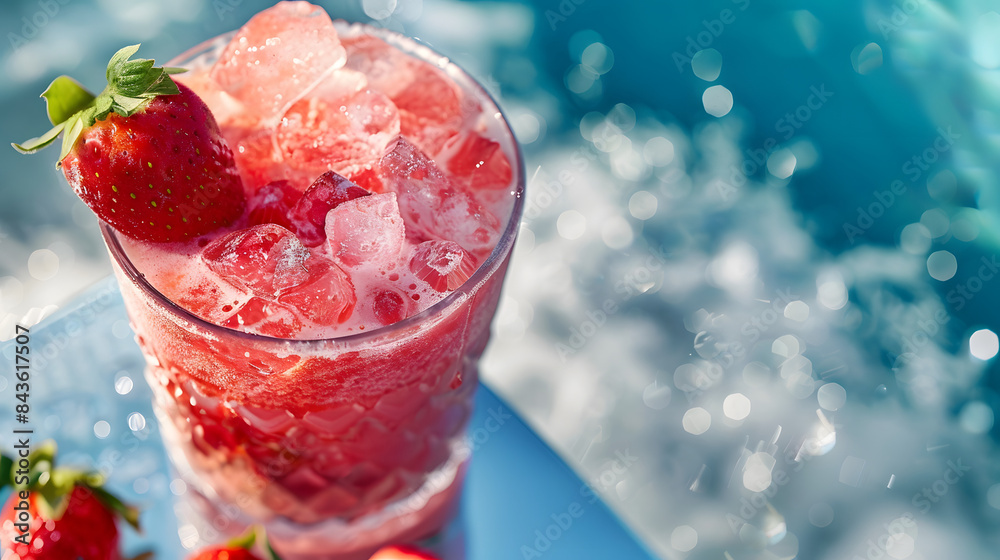 A closeup of a strawberry pink daiquiri with ice pieces positioned on a pool deck chair. A closeup of a strawberry pink daiquiri with ice pieces positioned on a pool deck chair.