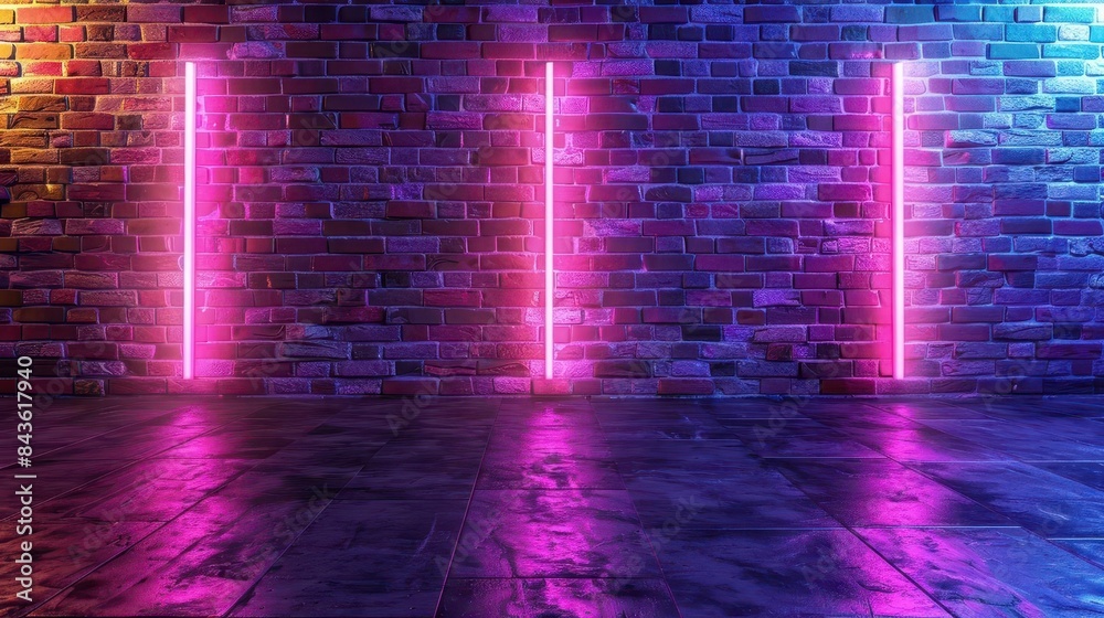 brick wall with neon lights in pink purple and blue empty room background brick wall with neon lights in pink purple and blue empty room background