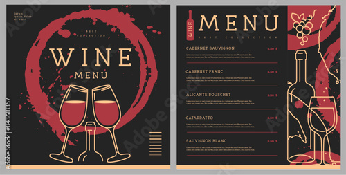 Restaurant wine menu design with splash and wine stain. Line art modern vector illustration