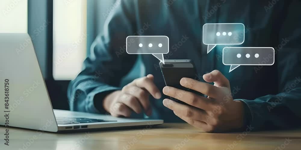 A man holding phone with virtual speech bubbles A man holding phone with virtual speech bubbles