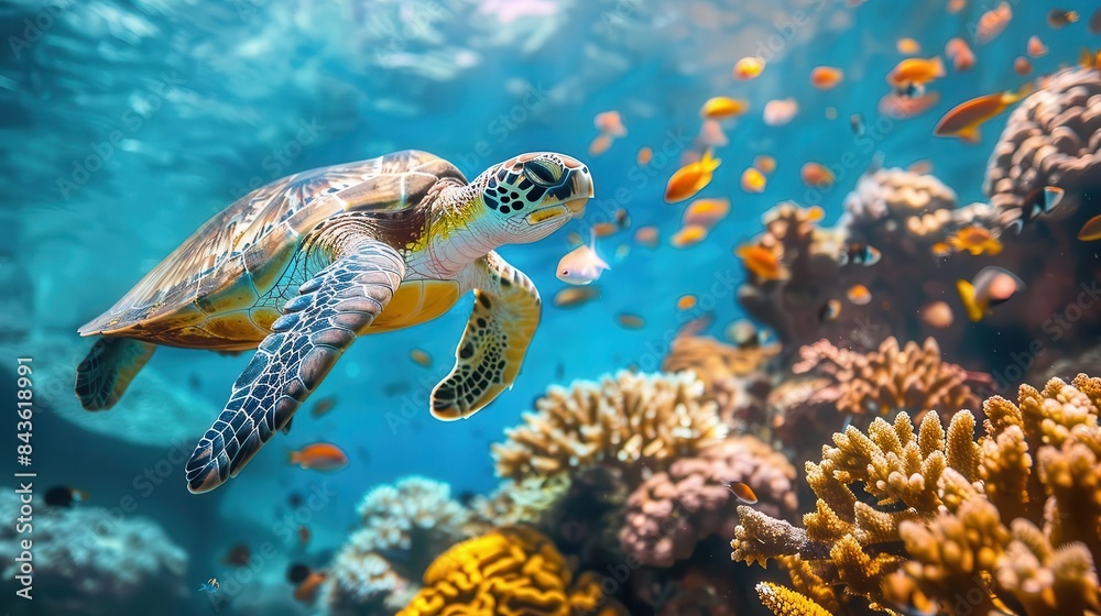 Obraz premium colorful sea turtle swimming with vibrant fish and coral in tropical ocean underwater paradise