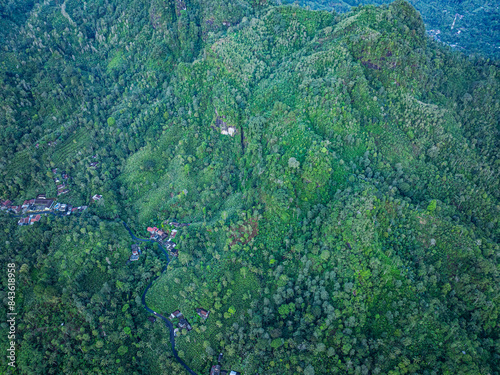 Aerial view Kabut Pelangi Waterfall in East Java. The waterfall crashes down into the amphitheater below, which is covered in lush green plants. Above is the residence of the villagers. photo