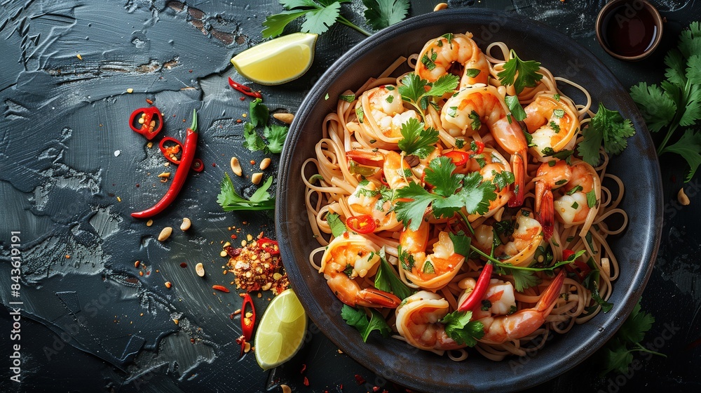 Spicy Shrimp Noodle Salad with Fresh Cilantro, Red Chili, and Lime Wedges on Dark Background
