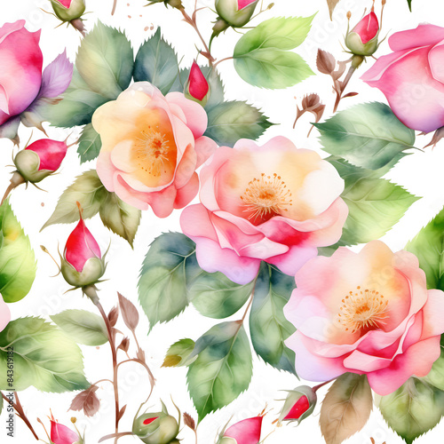 Seamless pattern with watercolor rosehip flowers on a white background. Design for decoration. Printing on fabric and paper.