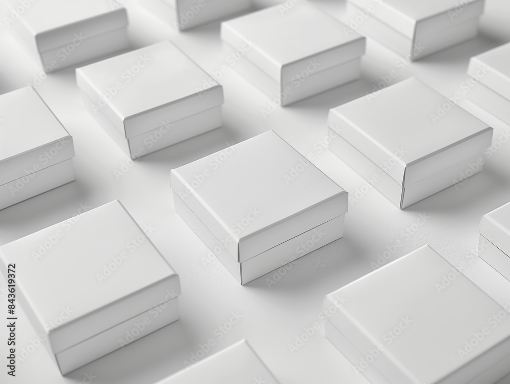 Mockup of blank white packaging boxes arranged in a grid pattern Mockup of blank white packaging boxes arranged in a grid pattern
