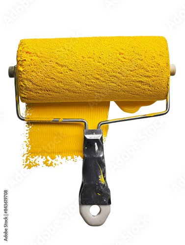 Close-up of a paint roller with vibrant yellow paint. Perfect for construction, renovation, isolated white background, transparent background. photo