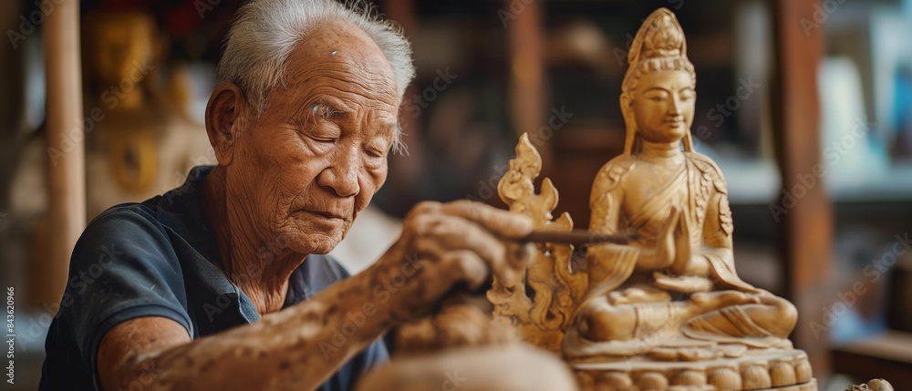 AI generator images of An old man is working on carving or sculpting a Buddha image. AI generator images of An old man is working on carving or sculpting a Buddha image.