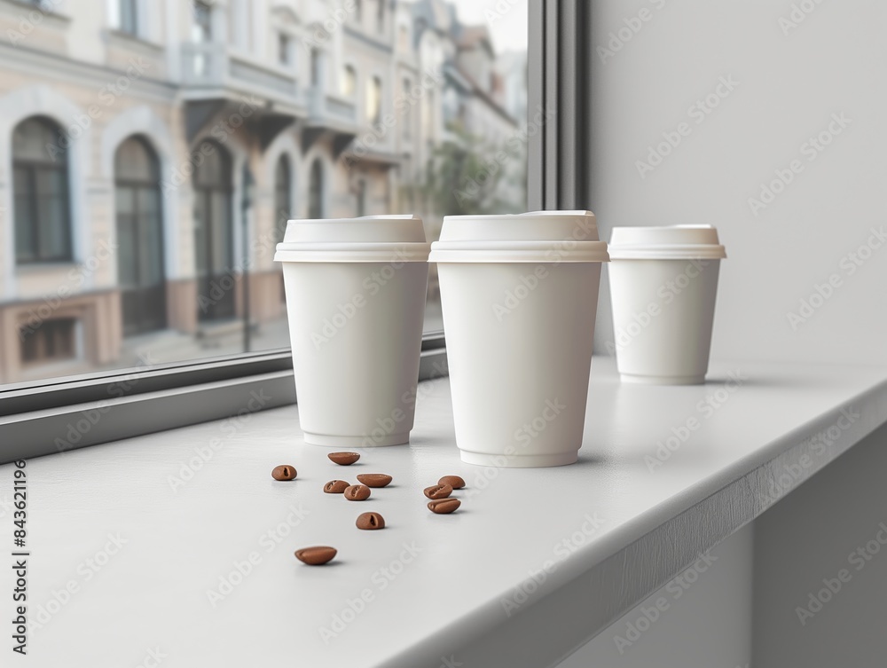 Mockup of blank white takeaway coffee cups stacked on a counter Mockup of blank white takeaway coffee cups stacked on a counter