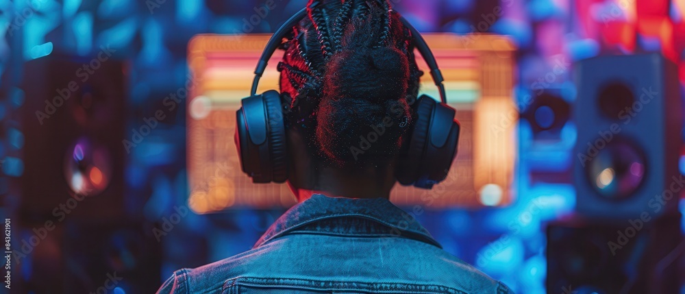 A person focused on music production in a stateoftheart studio, wearing fashionable clothes and large headphones, from behind A person focused on music production in a stateoftheart studio, wearing fashionable clothes and large headphones, from behind