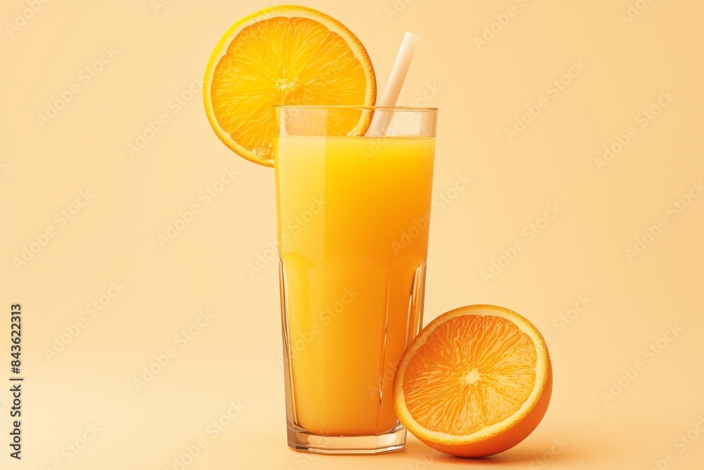 A Glass of Orange Juice with a Straw and Orange Slices A Glass of Orange Juice with a Straw and Orange Slices