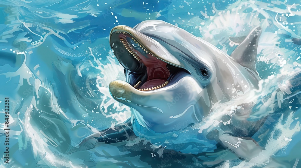 Obraz premium friendly bottlenose dolphin with open mouth playful marine mammal in blue water digital illustration
