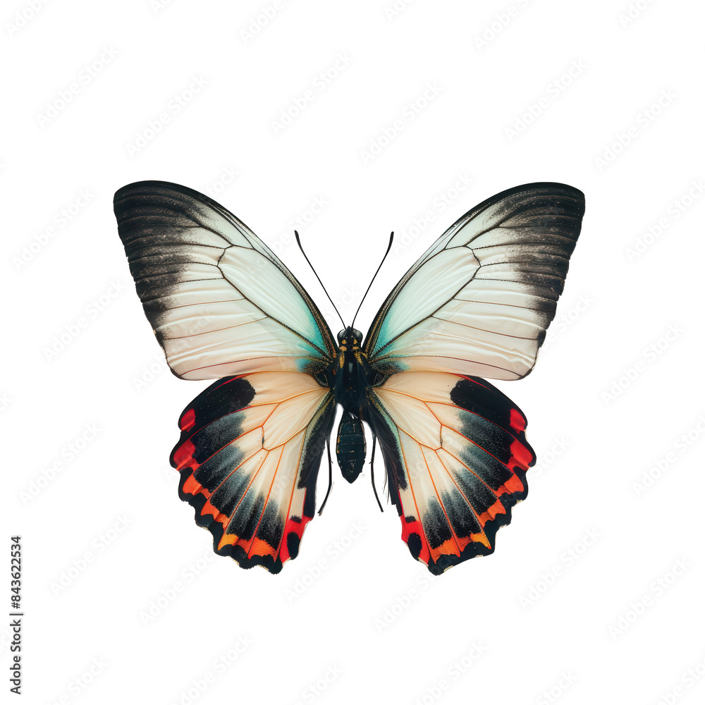 Elegant Butterfly With White, Blue, Red, and Black Markings on a Black Background Elegant Butterfly With White, Blue, Red, and Black Markings on a Black Background
