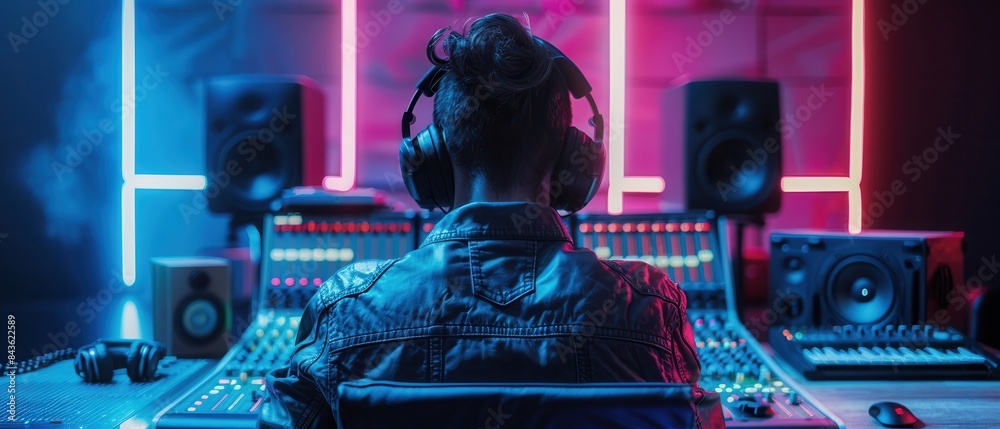 Fototapeta premium A person working on music editing in a sleek studio, stylish outfit and large headphones, from behind
