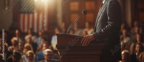 A politician at a podium giving a speech to supporters, 8k uhd © Starkreal