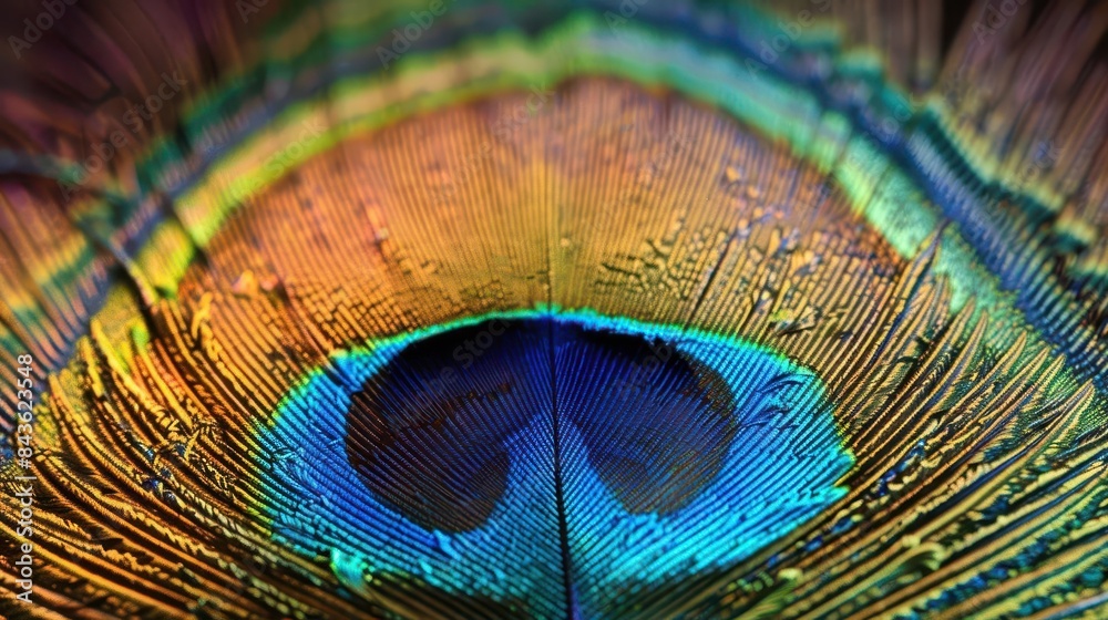 Naklejka premium intricate peacock feather closeup vibrant iridescent colors nature photography