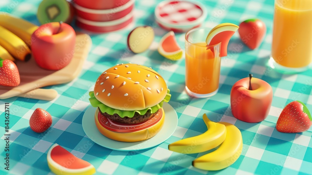 isometric picnic tablecloth with burger fruits and juice 3d food illustration isometric picnic tablecloth with burger fruits and juice 3d food illustration
