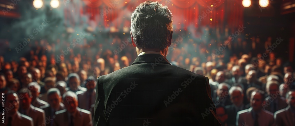 A politician making a speech with a backdrop of supporters, A politician making a speech with a backdrop of supporters,