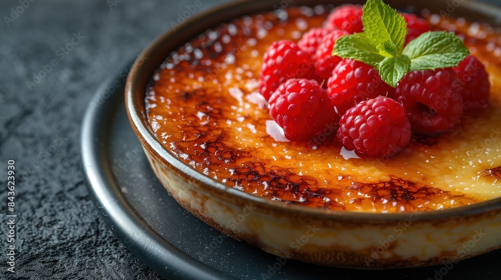 Delicious Crème Brûlée Topped with Fresh Raspberries and Mint
Delicious Crème Brûlée Topped with Fresh Raspberries and Mint