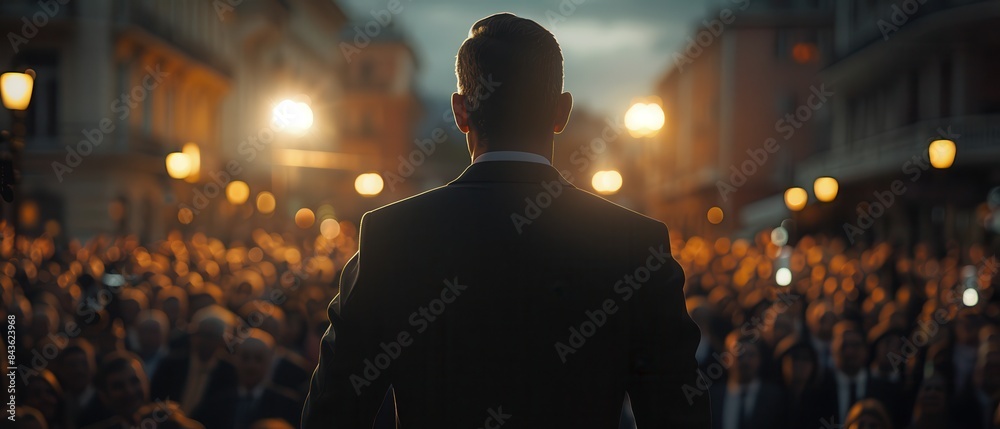 A politician passionately addressing a large crowd in a city square, A politician passionately addressing a large crowd in a city square,