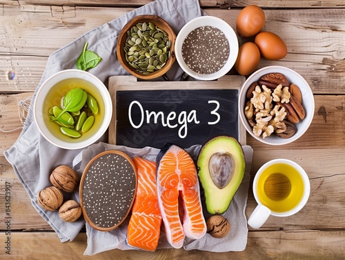 Wallpaper Mural Food rich in Omega 3 on a wooden table. Fish, seeds, nuts, avocado and oil  Torontodigital.ca