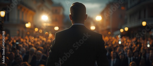 A politician passionately addressing a large crowd in a city square, photo