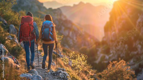 adventurous couple hiking on a scenic mountain trail, golden hour light, beautiful landscape photo
