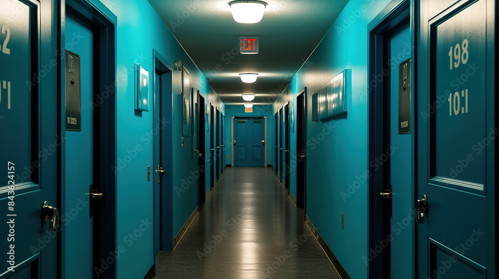a long hallway with apartment doors on both sides, the doors are blue and have apartment numbers written on them a long hallway with apartment doors on both sides, the doors are blue and have apartment numbers written on them