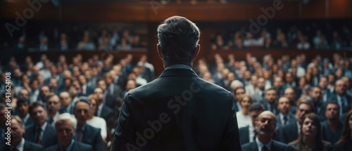 A politician speaking on stage with a focused audience, 8k uhd photo