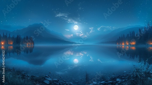 panorama of tarnita lake in romania at night. beautiful nature scenery in autumn in full moon light. gorgeous sky with glowing clouds photo