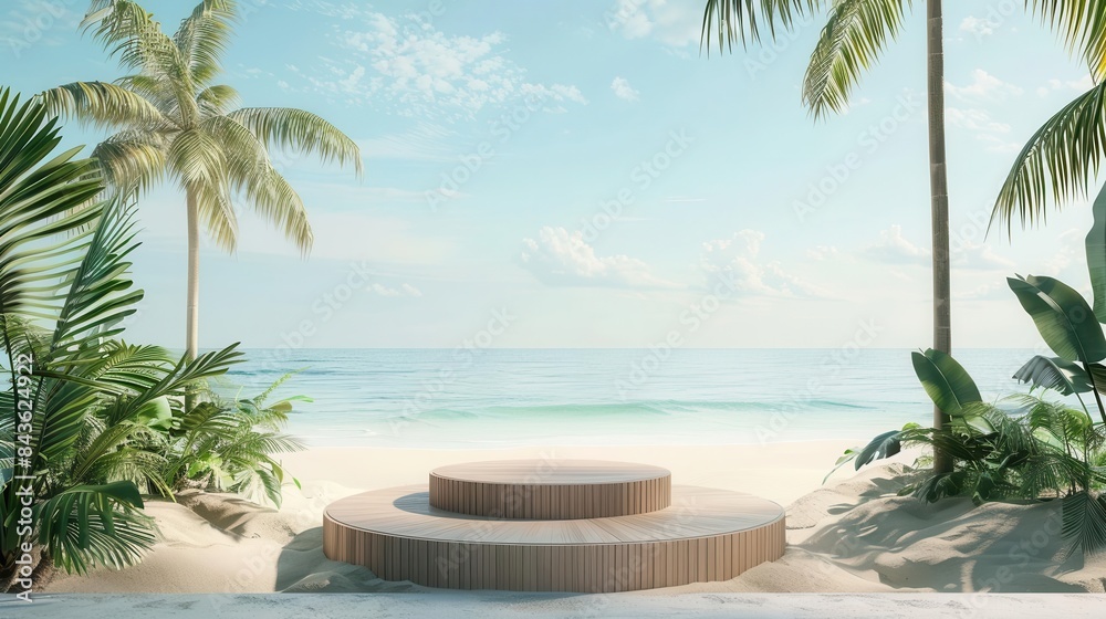 Fototapeta premium luxurious summer product display on tropical beach with wooden podium 3d render