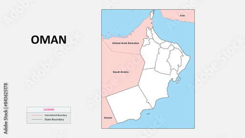 Oman Map. States map of North Korea. Political map of Oman with outline and black and white design.