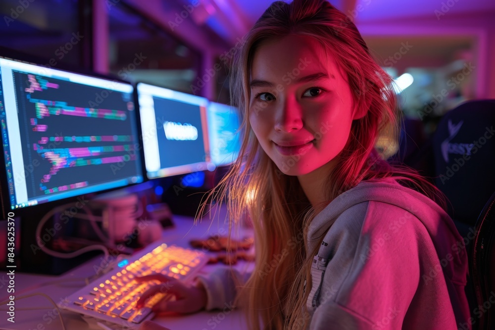 young blonde woman with pink hair working at night with a computer in night young blonde woman with pink hair working at night with a computer in night