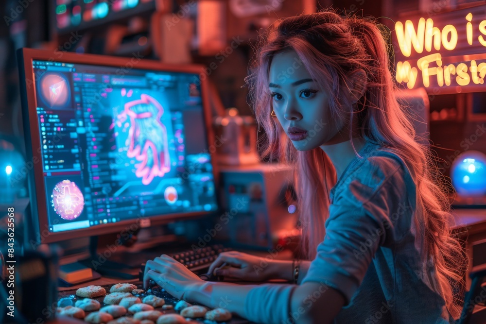 Fototapeta premium young blonde woman with pink hair working at night with a computer in night