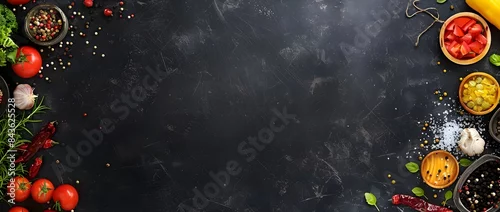 Panel kuchenny z motywem Empty Chalkboard Backdrop with Decorative Food Themed Border Frame for Culinary Mockup or Menu Design