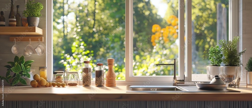 AI generator images of wood counter sink in kitchen Modern counter design, sliding window above the sink. In the kitchen, the window is as wide as the bar counter. Open to see a flower garden AI generator images of wood counter sink in kitchen Modern counter design, sliding window above the sink. In the kitchen, the window is as wide as the bar counter. Open to see a flower garden